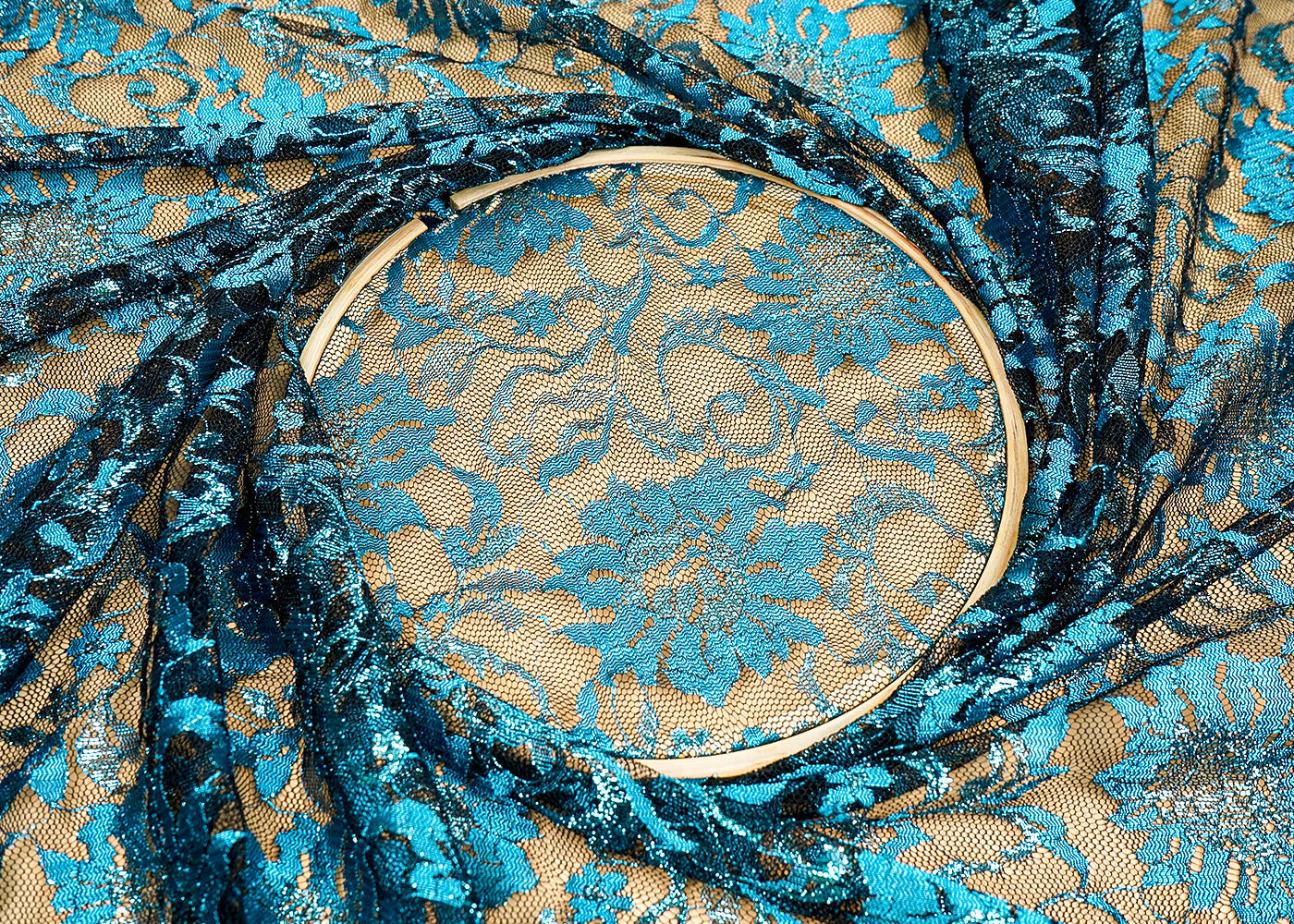 ( Pre-Cut 0.8 MTR) Teal Blue Sandlin Lace Fabric With All Over Floral Pattern 18216