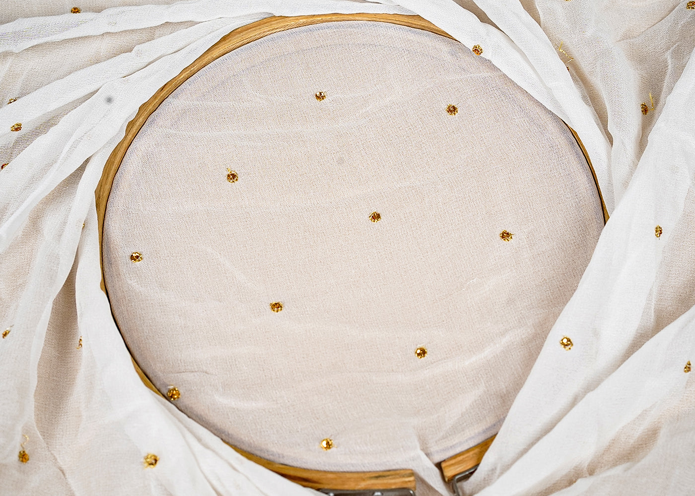 ( Pre-Cut 1.3 MTR) White Georgette Fabric With All Over Zari And Sequins Work 18219