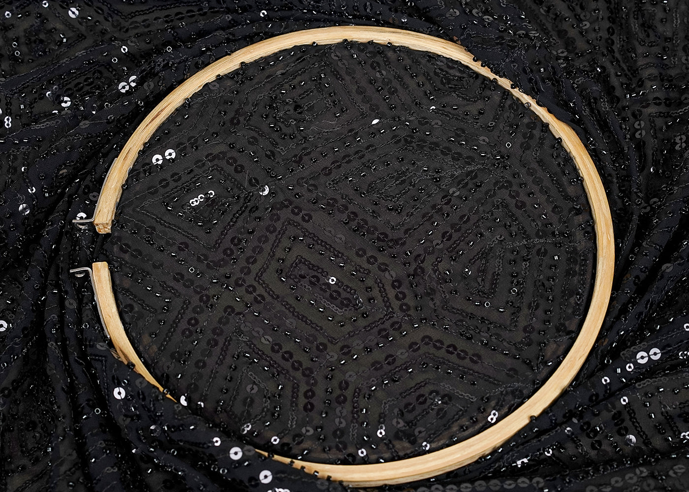 ( Pre-Cut 0.75 MTR) Black Georgette Fabric With All Over Thread, Sequins And Beadwork  18223