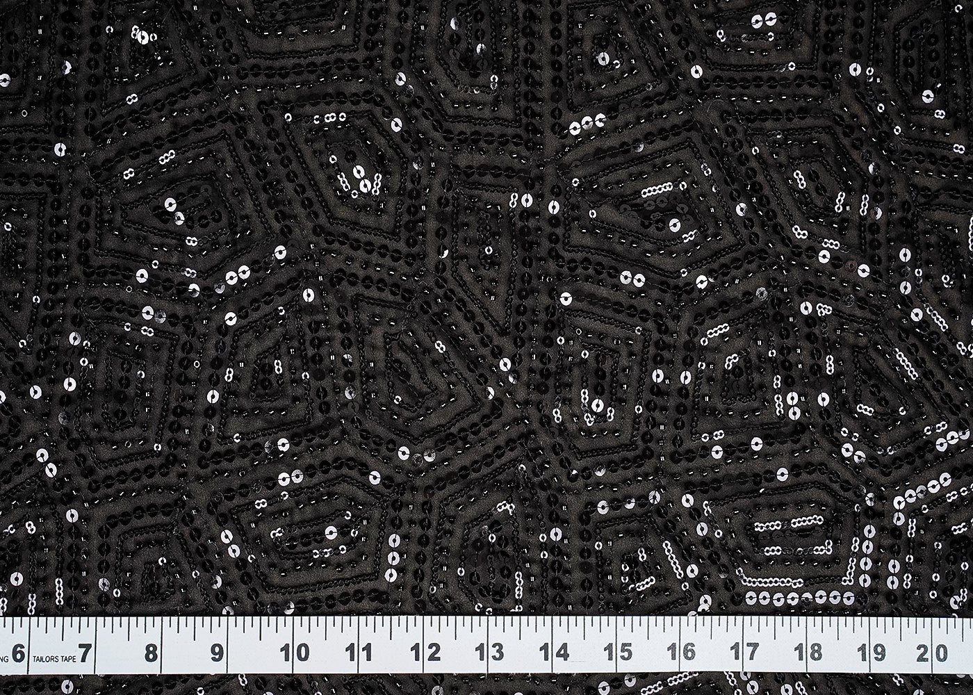 ( Pre-Cut 0.75 MTR) Black Georgette Fabric With All Over Thread, Sequins And Beadwork  18223