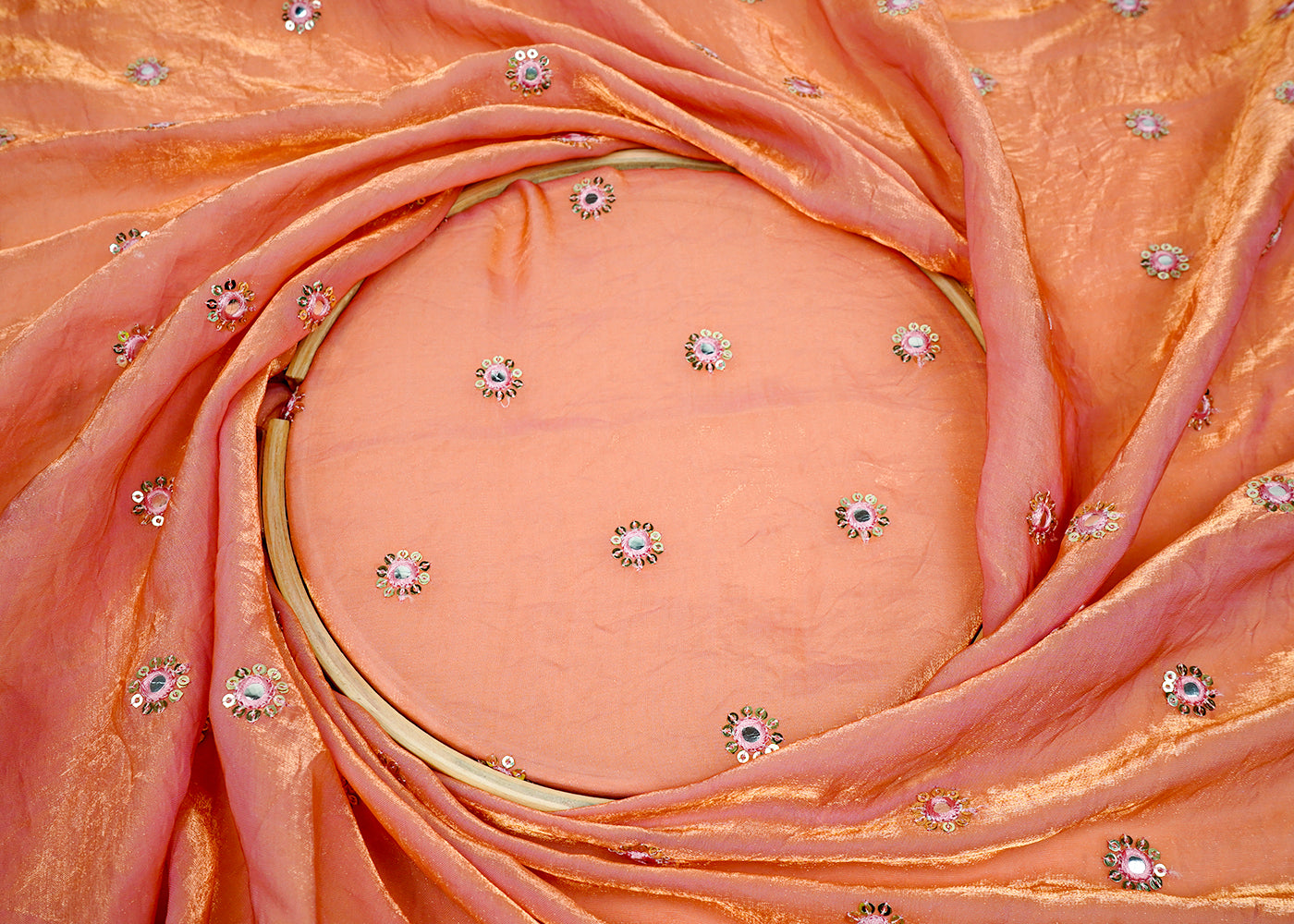 ( Pre-Cut 2 MTR) Light Pink Diamond Tissue Fabric With All Over Sequins, Thread And Faux Mirror Work  18225