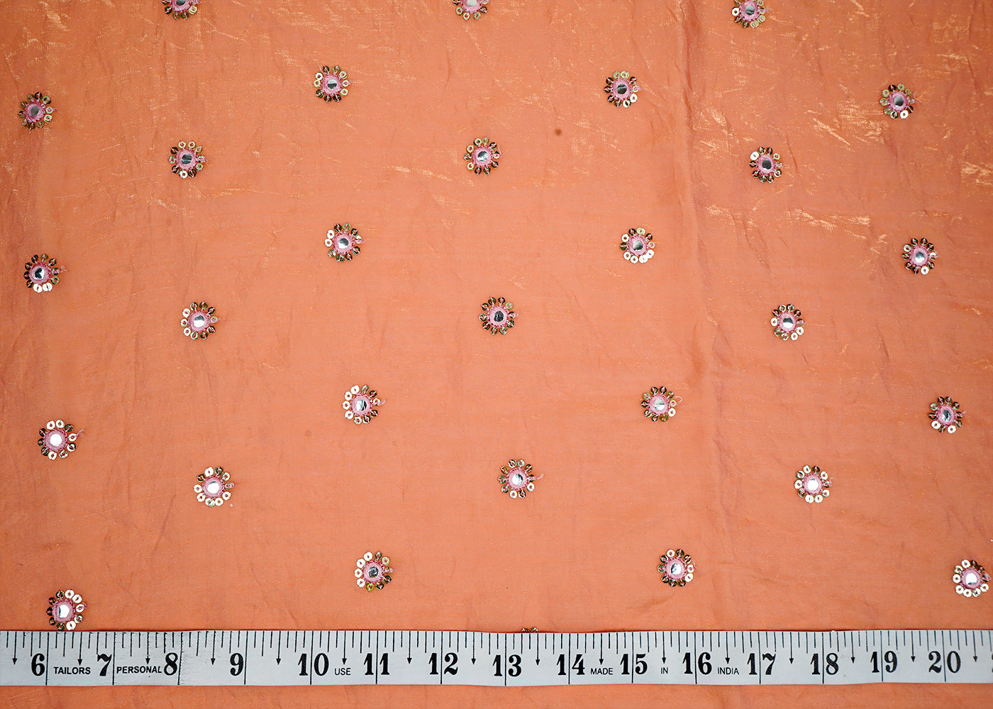 ( Pre-Cut 2 MTR) Light Pink Diamond Tissue Fabric With All Over Sequins, Thread And Faux Mirror Work  18225