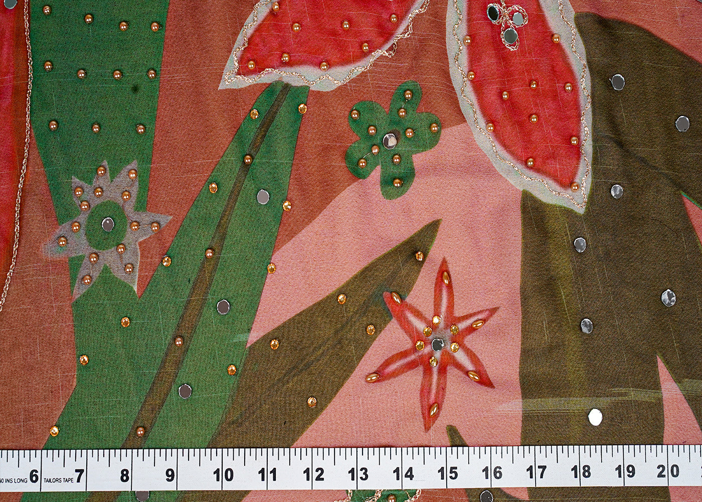 ( Pre-Cut 1.4 MTR) Green Organza Fabric With All Over Abstract Print With Zari And Sarwoski Work 18226