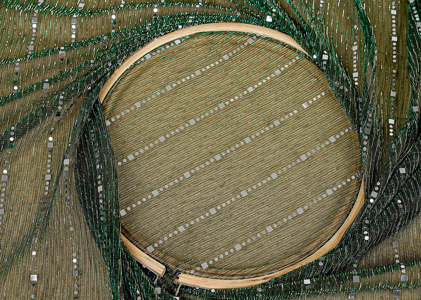 ( Pre-Cut 6.5 MTR) Green Moonlight Fabric With All Over Shimmer And Faux Mirror Work 18229