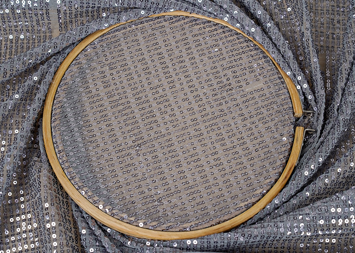 ( Pre-Cut 1.9 MTR) Silver Lycra Fabric With All Over Sequins Work 18233