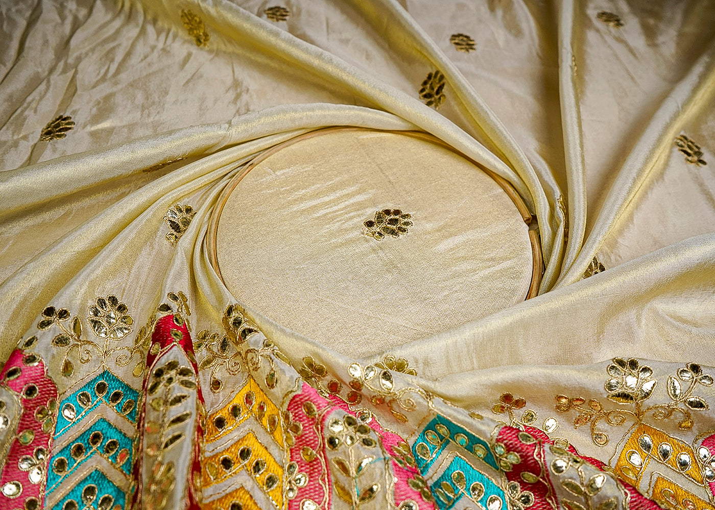 (Pre-Cut 1 MTR) Golden Tissue Fabric With All Over Gota Patti Work With One Side Heavy Border 18236