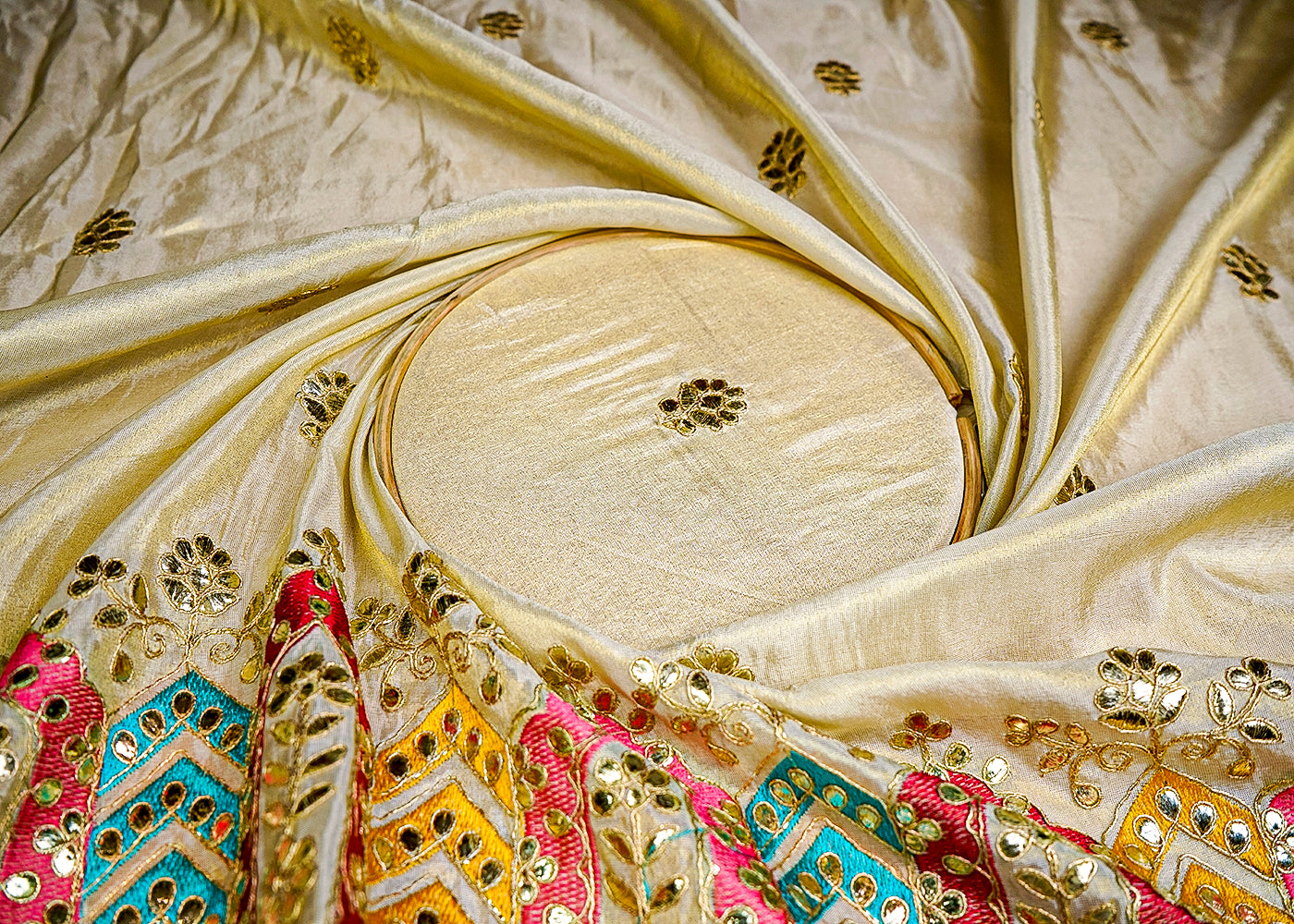 (Pre-Cut 1 MTR) Golden Tissue Fabric With All Over Gota Patti Work With One Side Heavy Border 18236