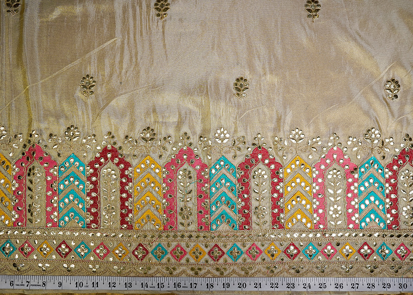 (Pre-Cut 1 MTR) Golden Tissue Fabric With All Over Gota Patti Work With One Side Heavy Border 18236