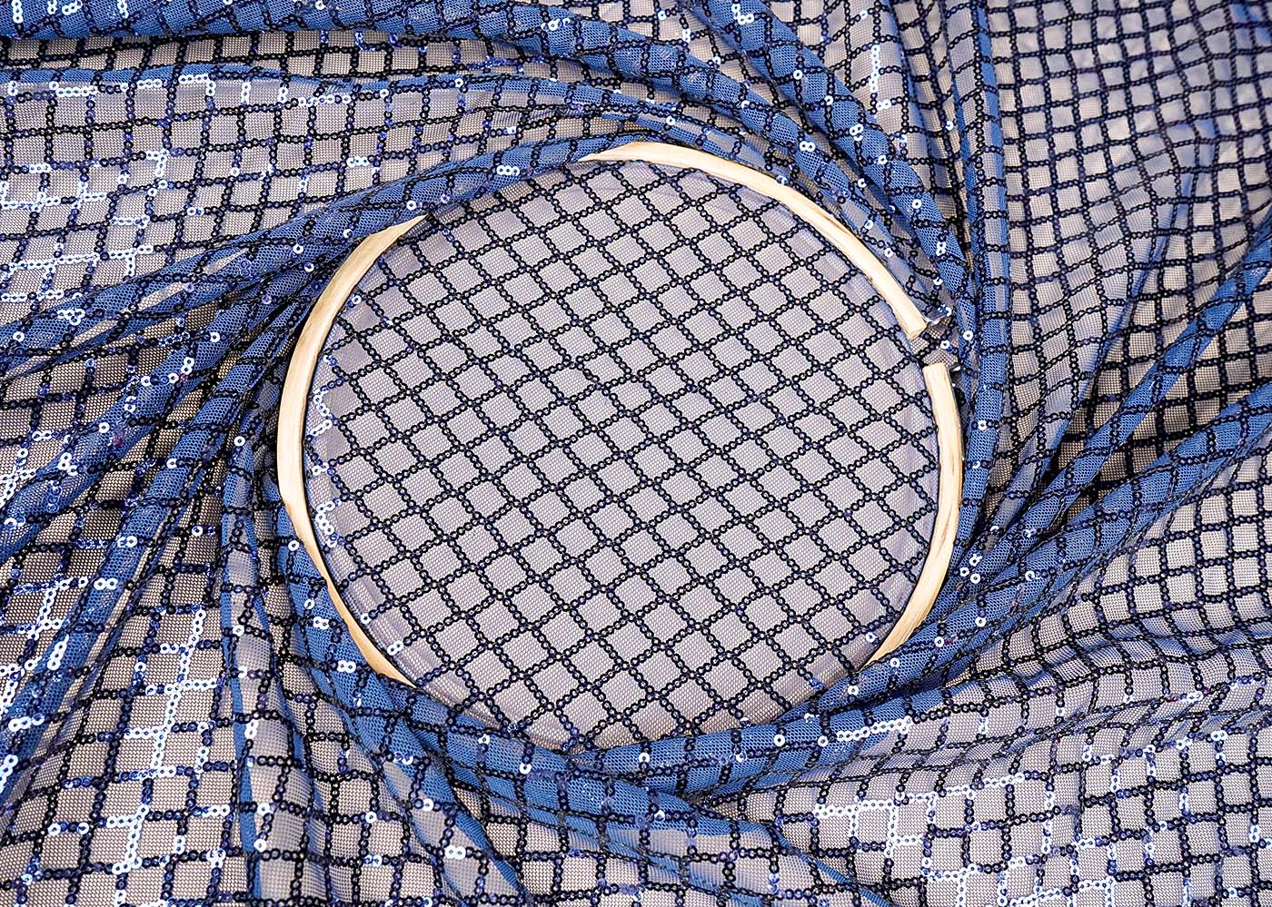 (Pre-Cut 4 MTR)Navy Blue Lycra net Fabric With Allover Sequins work 18253