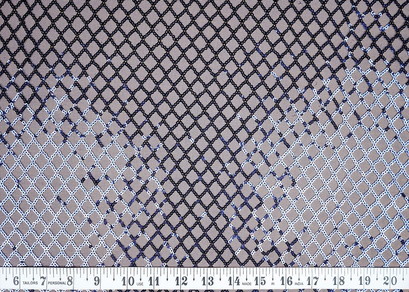 (Pre-Cut 4 MTR)Navy Blue Lycra net Fabric With Allover Sequins work 18253