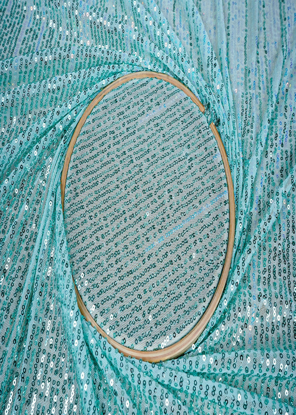 (Pre-Cut-2-MTR)-Aqua-Blue-Lycra-Net-Fabric-With-All-Over-Rainbow-Sequins-18265