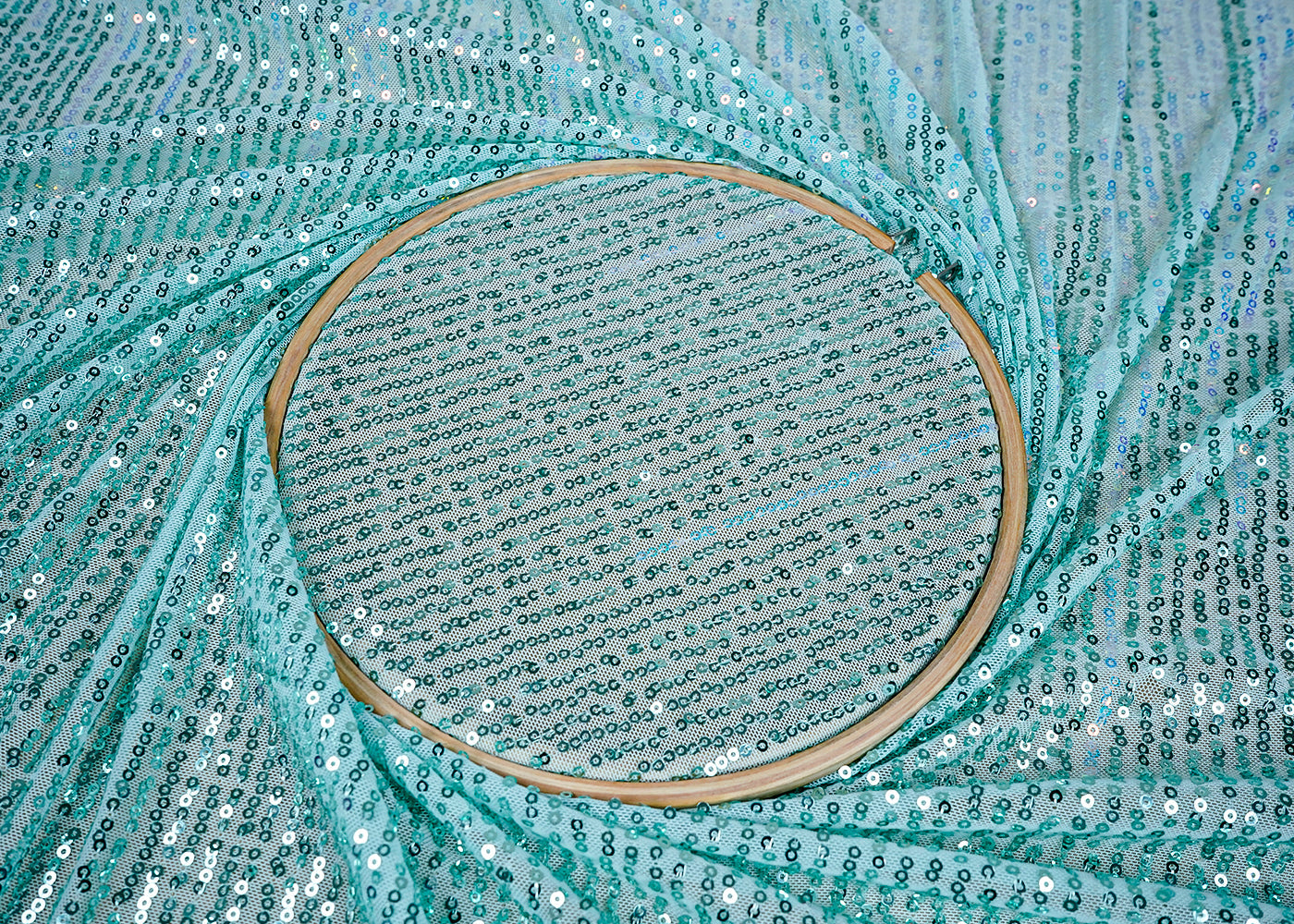 (Pre-Cut 2 MTR)Aqua Blue Lycra Net Fabric With All Over Rainbow Sequins 18265