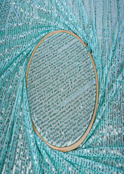 (Pre-Cut 2 MTR) Aqua Blue Lycra Net Fabric With All Over Rainbow Sequins 18265