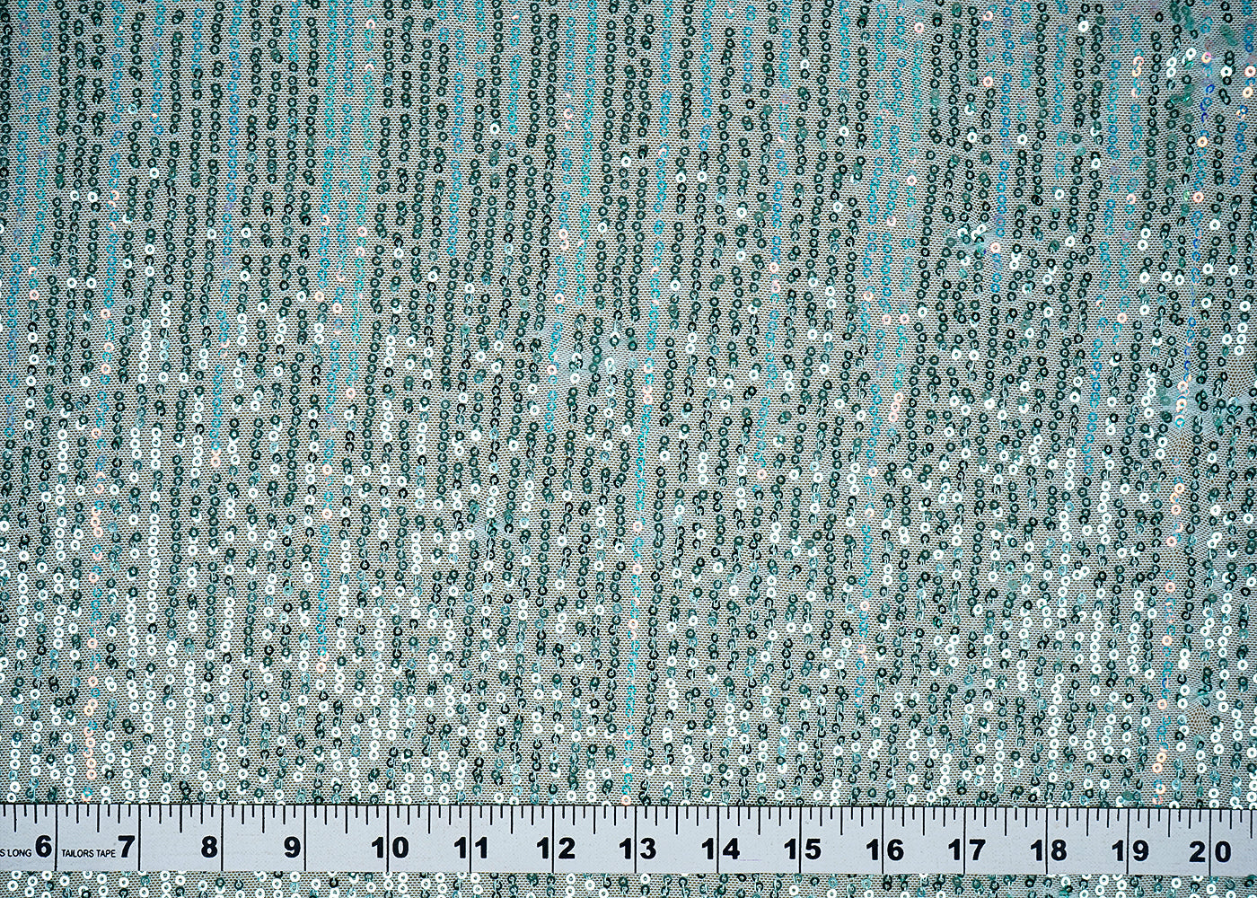 (Pre-Cut 2 MTR)Aqua Blue Lycra Net Fabric With All Over Rainbow Sequins 18265