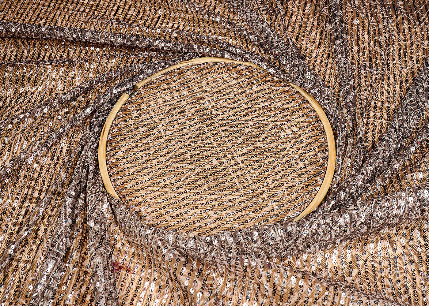 (Pre-Cut 6.7 MTR)Brown Lycra Net Fabric With All Over Abstract Print And Sequins Work 18266
