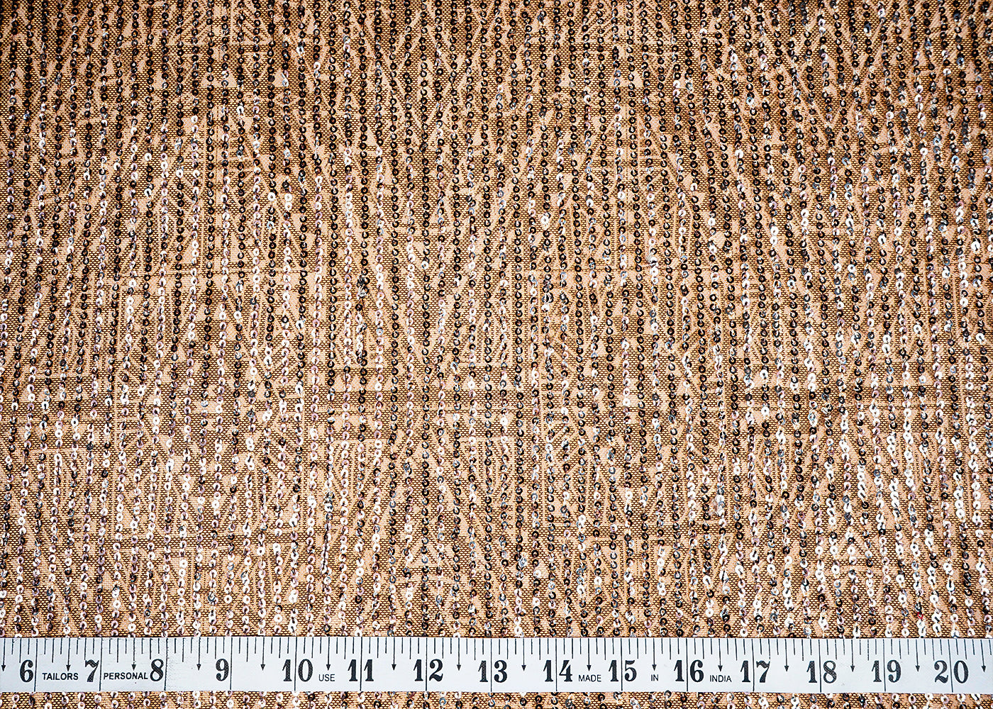 (Pre-Cut 6.7 MTR)Brown Lycra Net Fabric With All Over Abstract Print And Sequins Work 18266