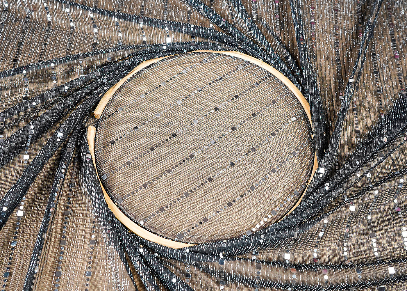 (Pre-Cut 3.9 MTR)Black Moon Light Fabric With Abstract Faux Mirror Work 18274
