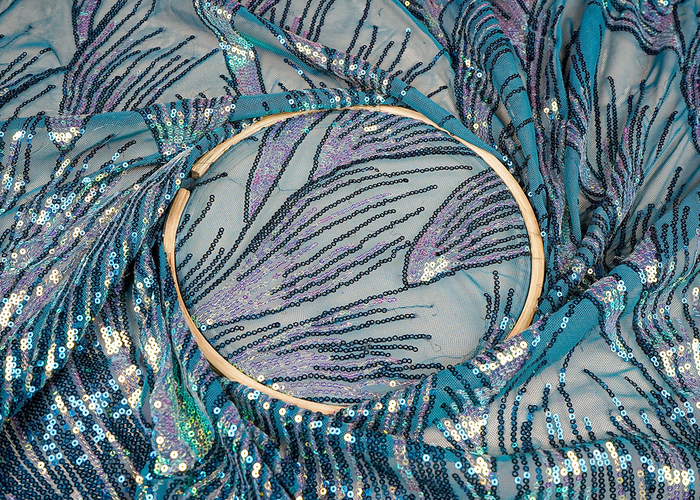 (Pre-Cut 1.45 MTR)Teal Blue Lycra Net Fabric With All Over Sequins Work 18275