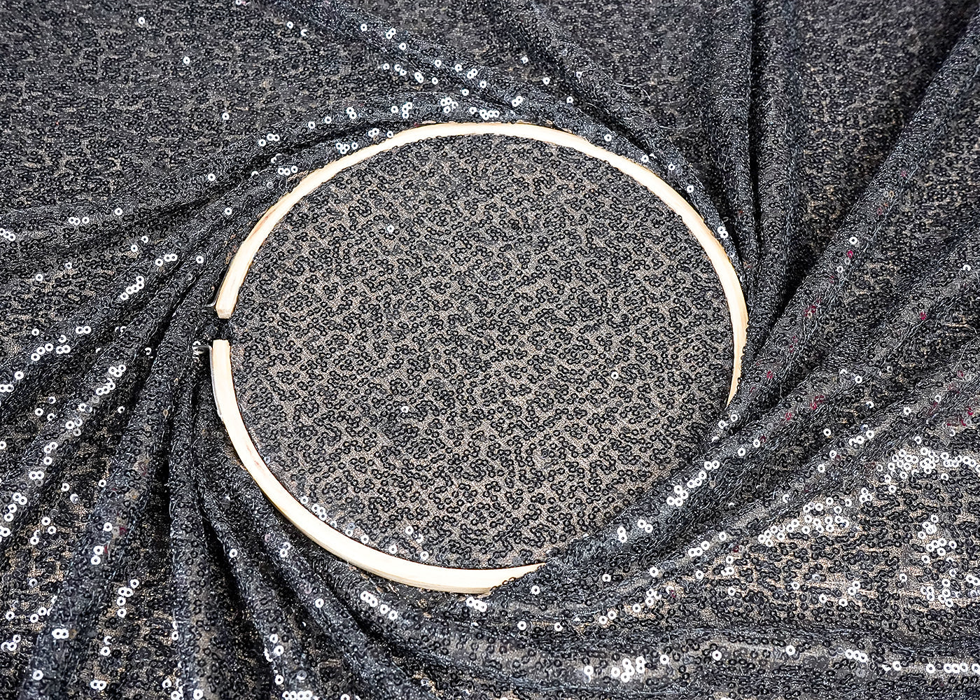 (Pre-Cut 1.45 MTR)Black Lycra Net Fabric With All Over Sequins Work 18278