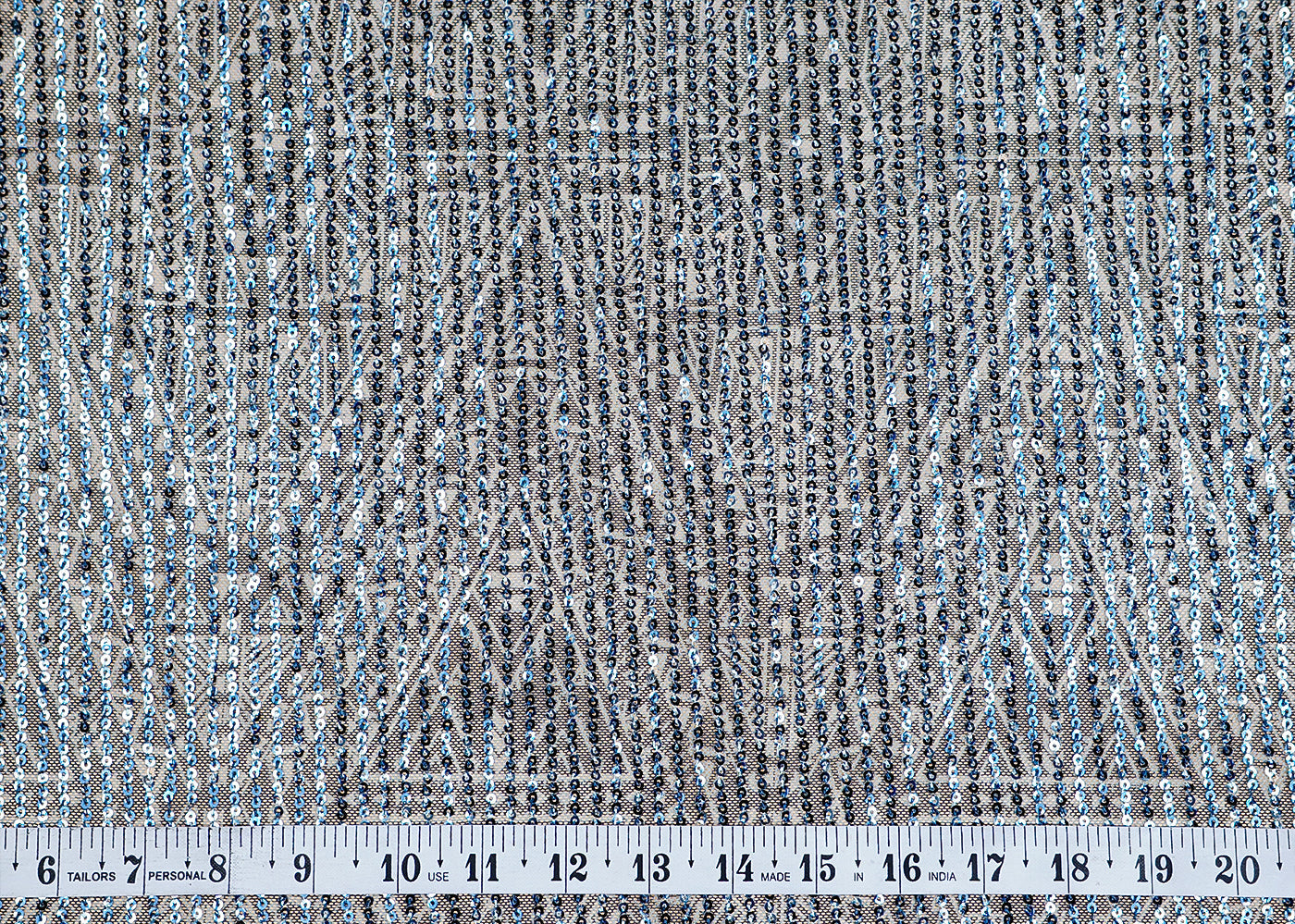 (Pre-Cut 3.35 MTR)Teal Blue Lycra Net Fabric With All Over Abstract Print And Sequins Work 18283