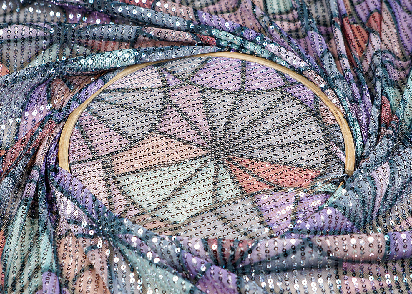 (Pre-Cut 4.75 MTR)Multi-Color Lycra Net Fabric With All Over Abstract Print And Sequins Work 18285
