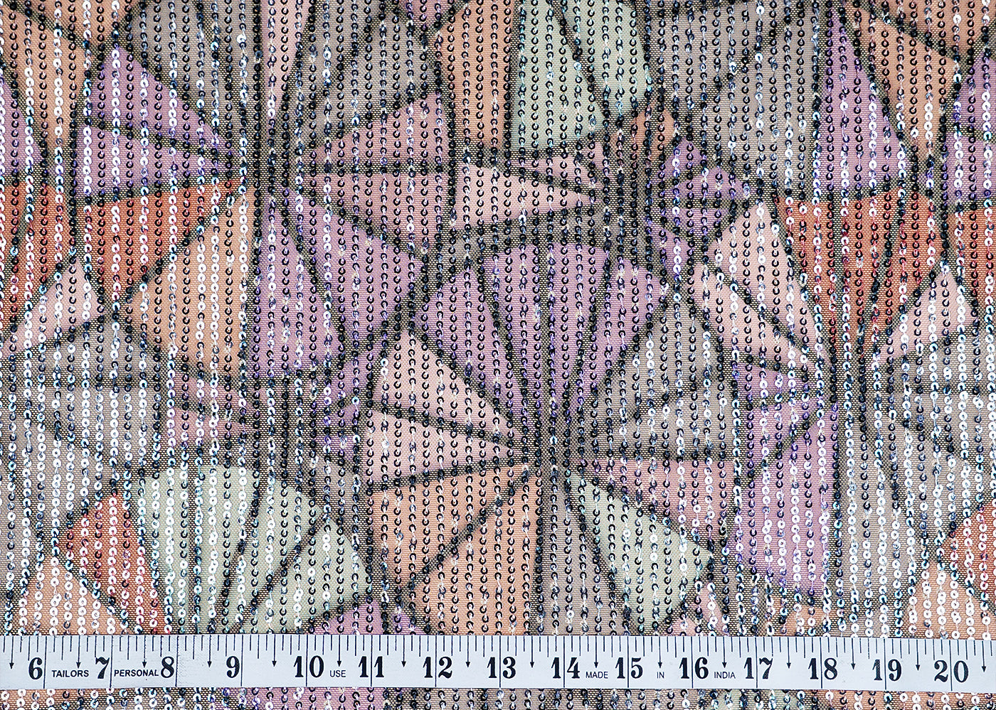 (Pre-Cut 4.75 MTR)Multi-Color Lycra Net Fabric With All Over Abstract Print And Sequins Work 18285