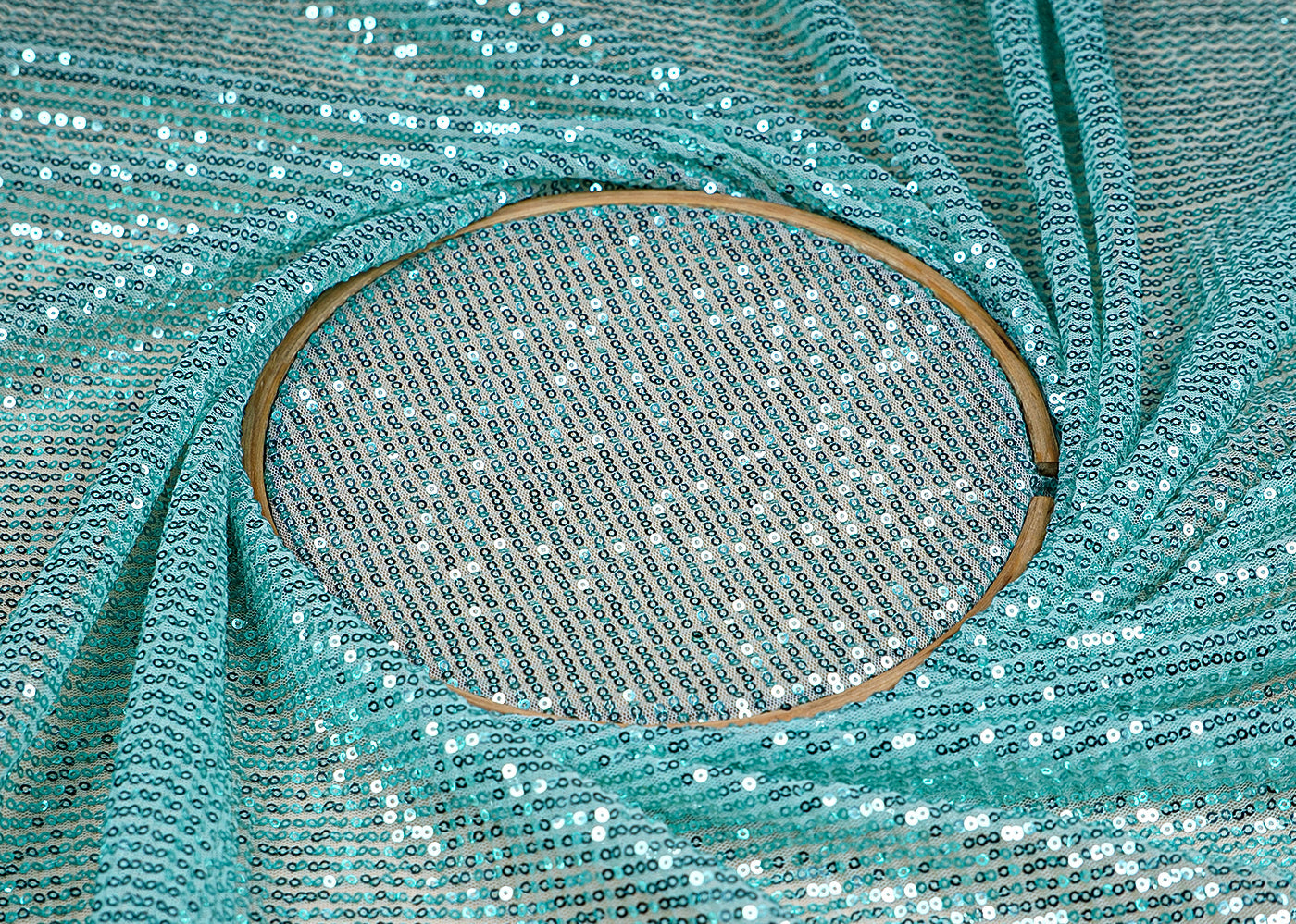 (Pre-Cut 3.75 MTR)Aqua Green Lycra Net Fabric With All Over Sequins Work 18291