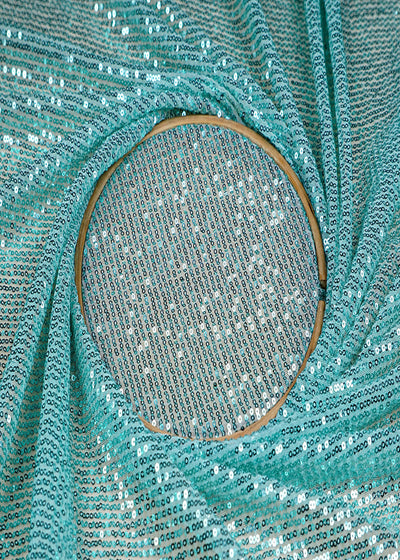 (Pre-Cut 3.75 MTR) Aqua Blue Lycra Net Fabric With All Over Sequins Work 18291