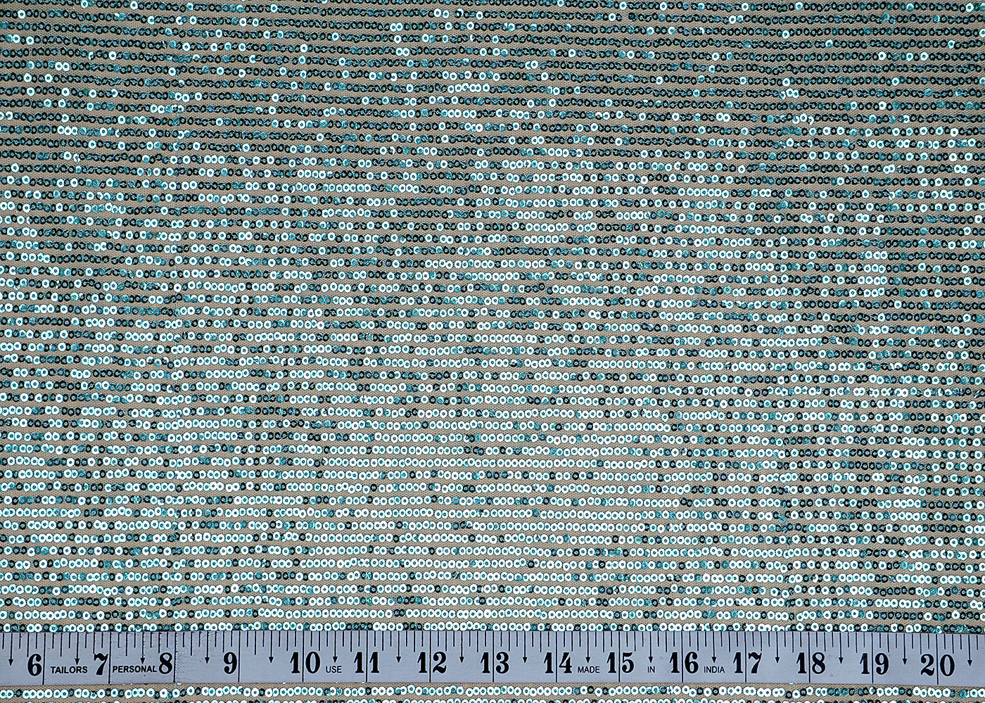 (Pre-Cut 3.75 MTR)Aqua Green Lycra Net Fabric With All Over Sequins Work 18291