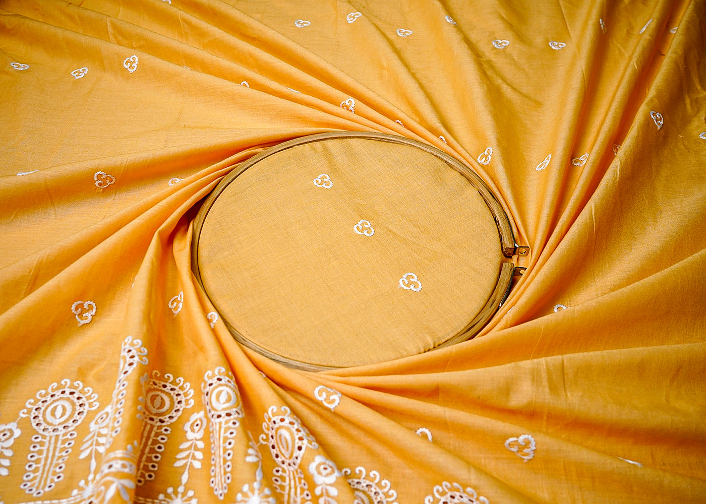 (Pre-Cut 4 MTR) Yellow Cotton Fabric With All Over Thread Work And One Side Cutwork Border 18293