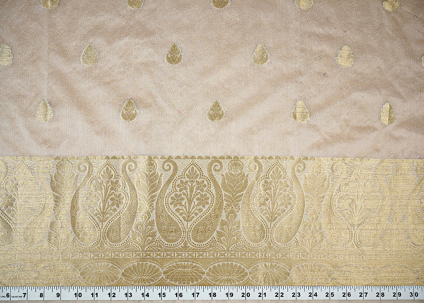(Pre-Cut 3.5 MTR) White Organza Fabric With All Over Golden Zari Handloom With One Side Border 18293