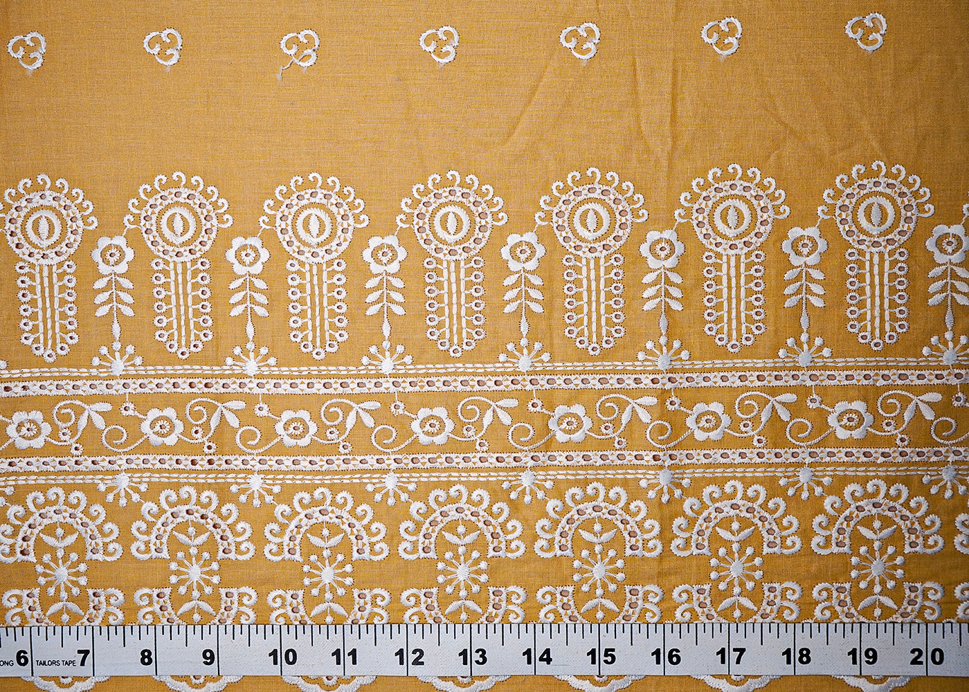 (Pre-Cut 4 MTR) Yellow Cotton Fabric With All Over Thread Work And One Side Cutwork Border 18293