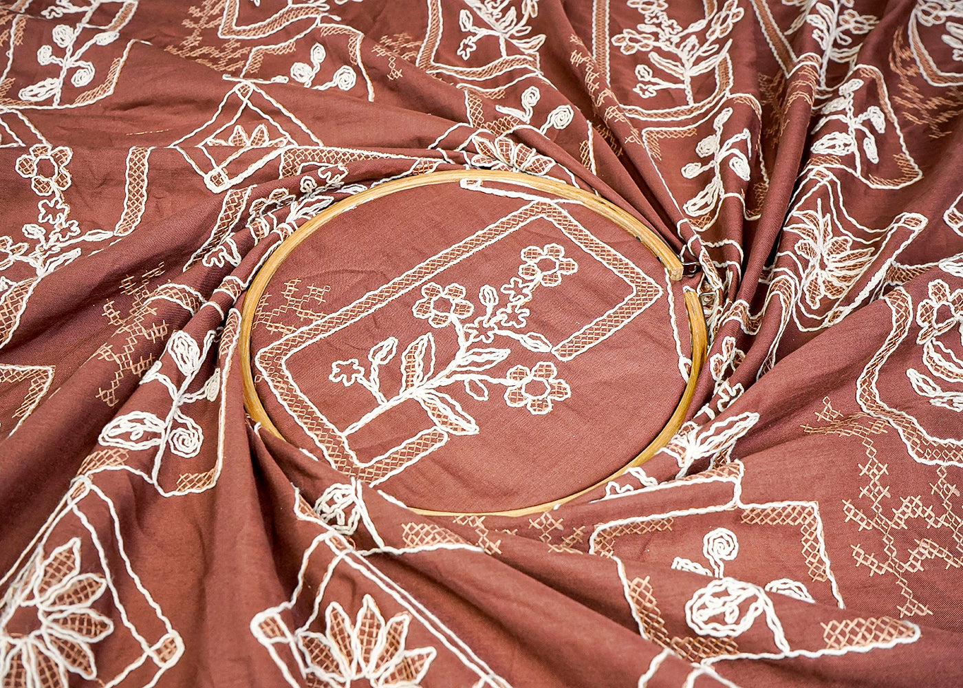 (Pre-Cut 2.3 MTR) Brown Cotton Fabric With All Over Thread Work   18294