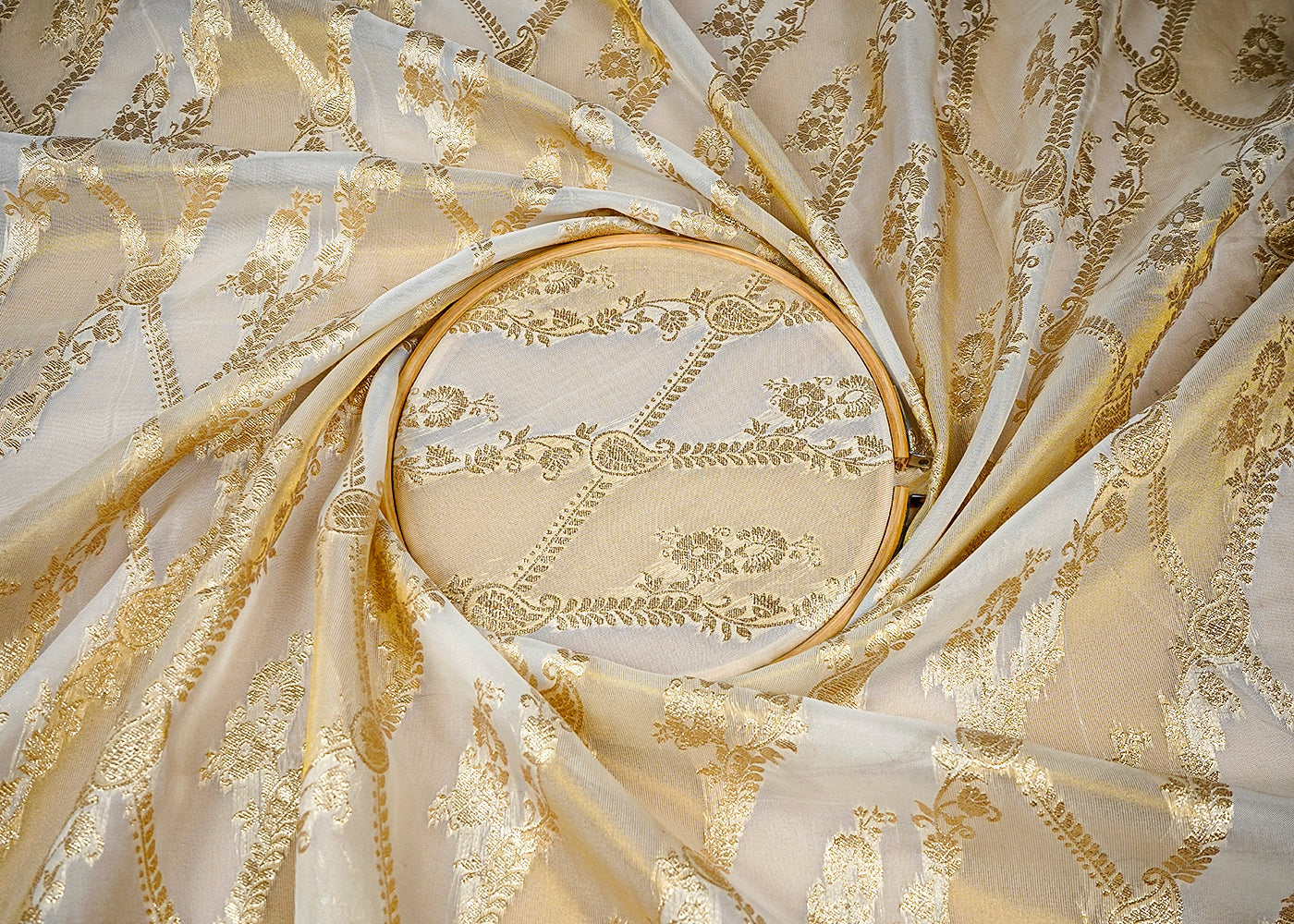 (Pre-Cut 2 MTR) White Organza Tissue Fabric With All Over Golden Zari Handloom 18294