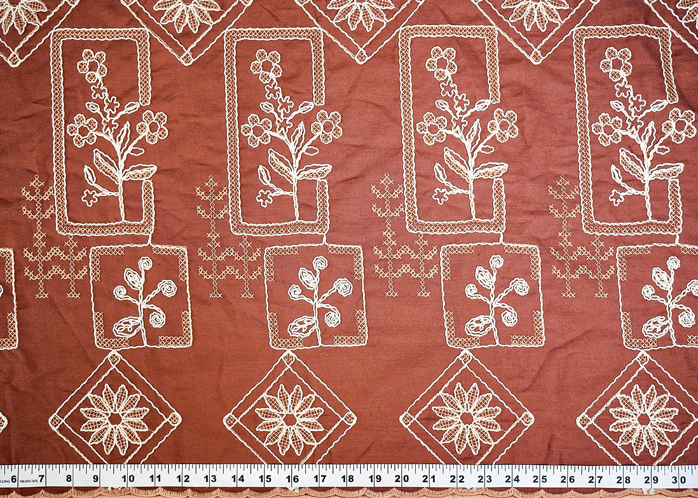 (Pre-Cut 2.3 MTR) Brown Cotton Fabric With All Over Thread Work   18294