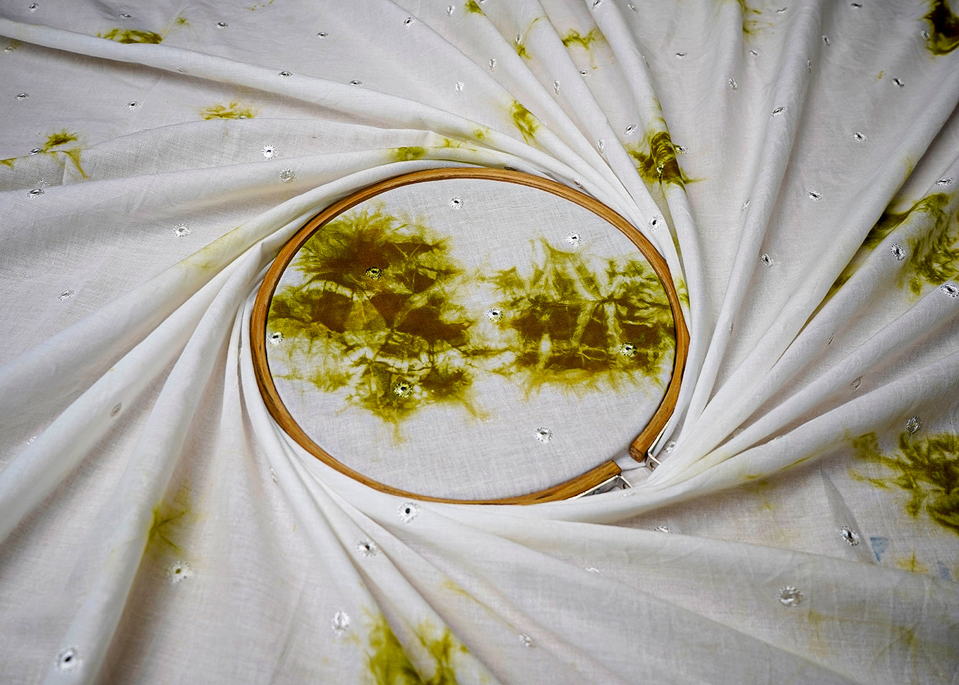 (Pre-Cut 1.65 MTR) White Cotton Fabric With All Over Tie Dye And Faux Mirror Work 18295