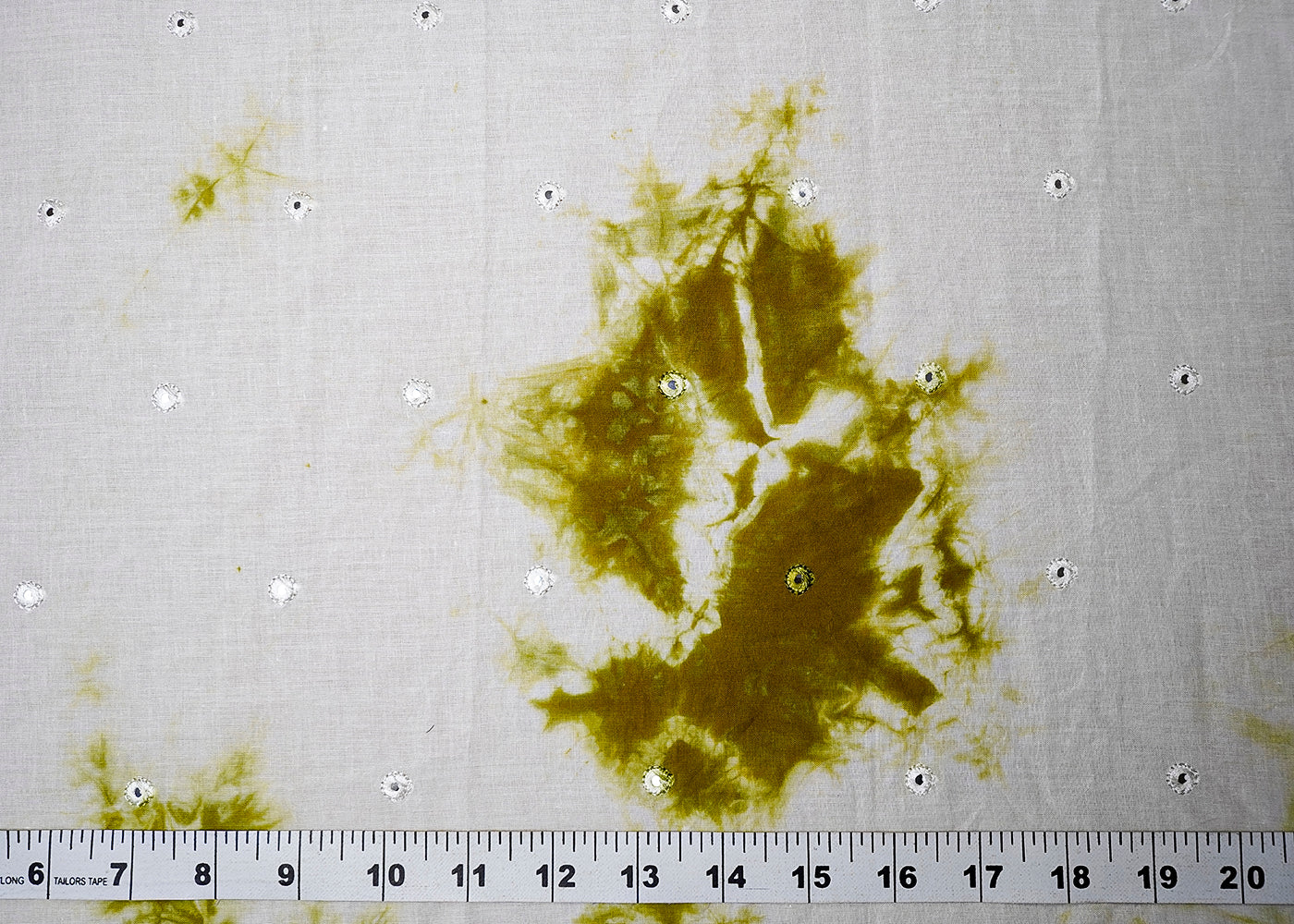 (Pre-Cut 1.65 MTR) White Cotton Fabric With All Over Tie Dye And Faux Mirror Work 18295