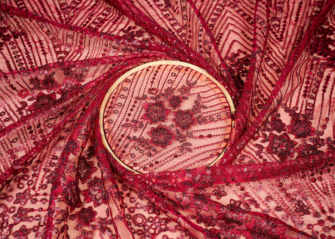 (Pre-Cut 2 MTR) Wine Net Fabric With All Over Thread And Sequins Work With Two Side Scalloped Border 18299