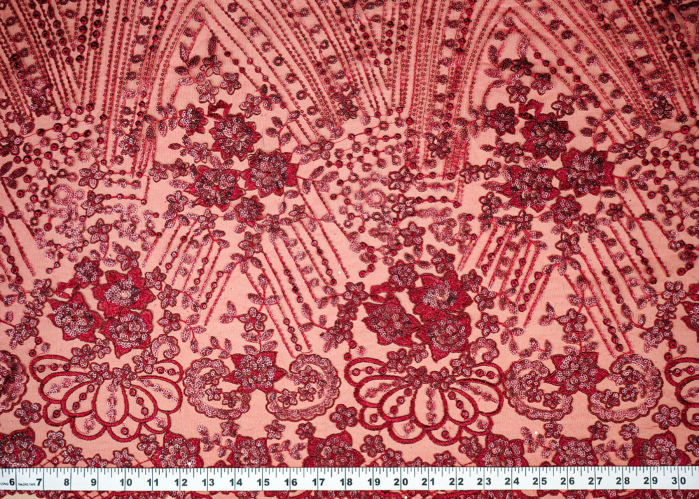(Pre-Cut 2 MTR) Wine Net Fabric With All Over Thread And Sequins Work With Two Side Scalloped Border 18299