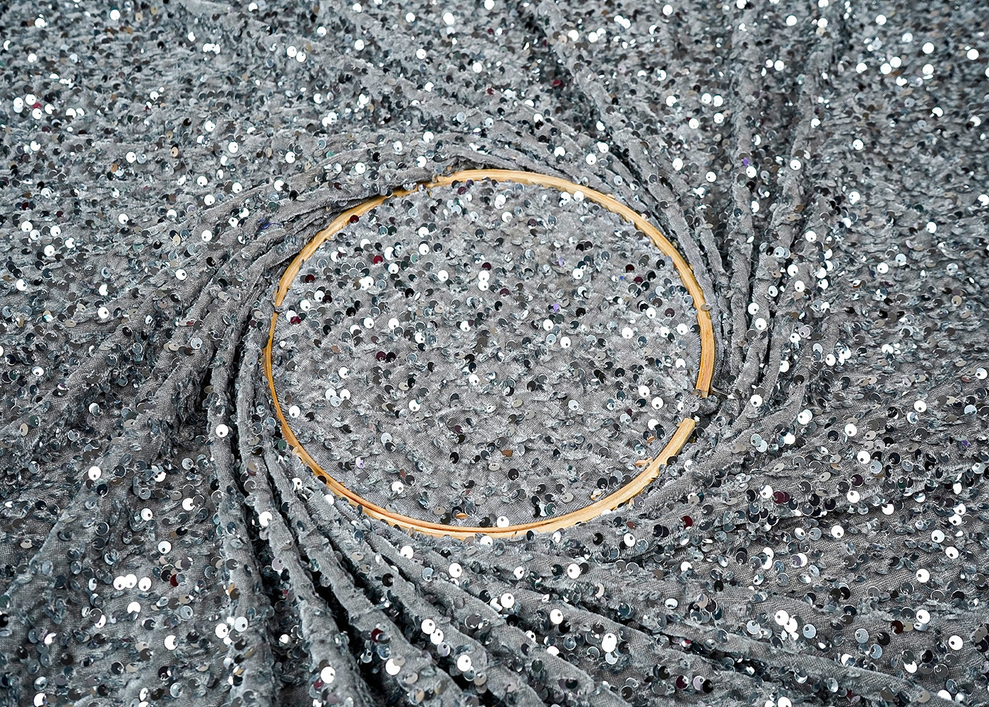 (Pre-Cut 1 MTR) Grey Lycra Velvet Fabric With All Over Sequins Work 18300