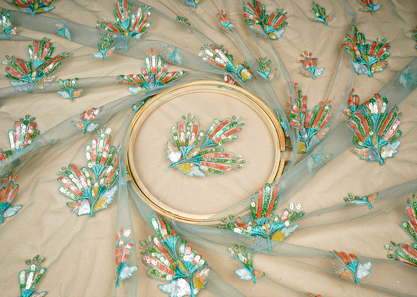 (Pre-Cut 1.5 MTR) Pista Green Net Fabric With All Over Thread And Sequins Work 18301
