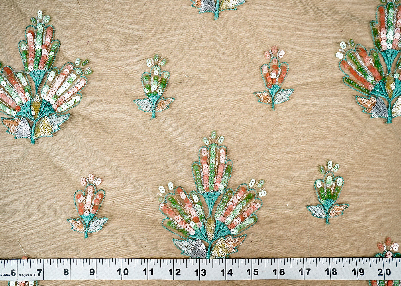 (Pre-Cut 1.5 MTR) Pista Green Net Fabric With All Over Thread And Sequins Work 18301