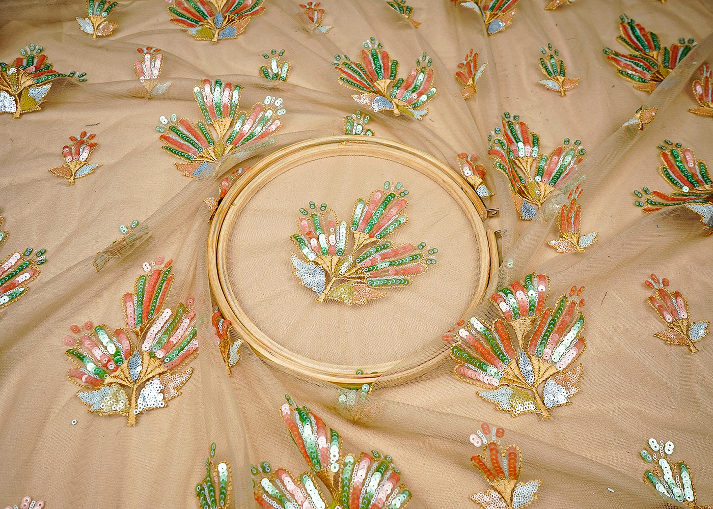 (Pre-Cut 3.25 MTR) Beige Net Fabric With All Over Thread And Sequins Work 18302