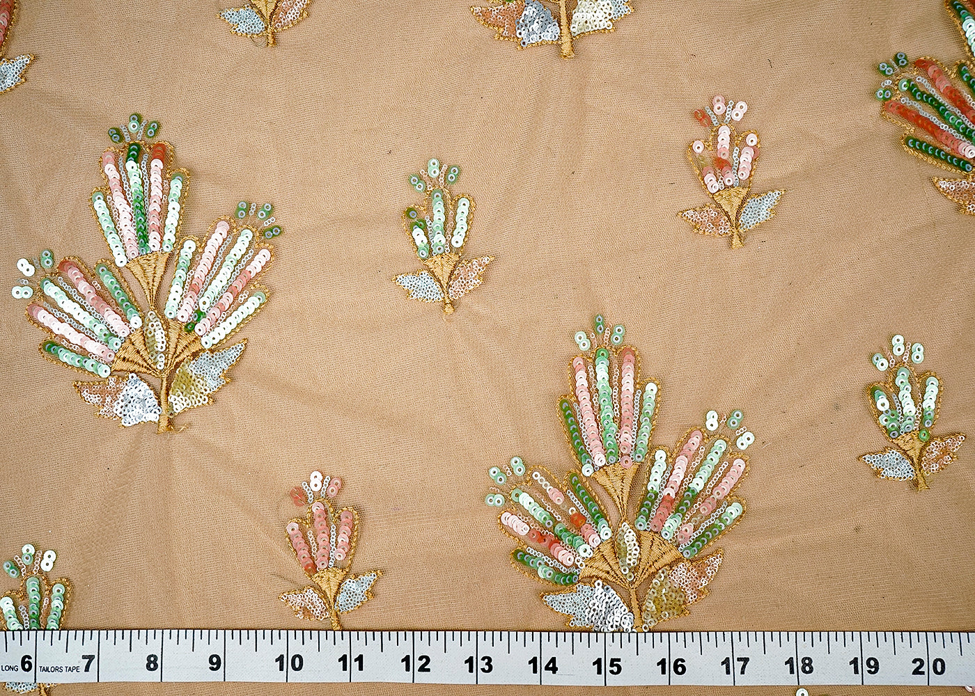 (Pre-Cut 3.25 MTR) Beige Net Fabric With All Over Thread And Sequins Work 18302