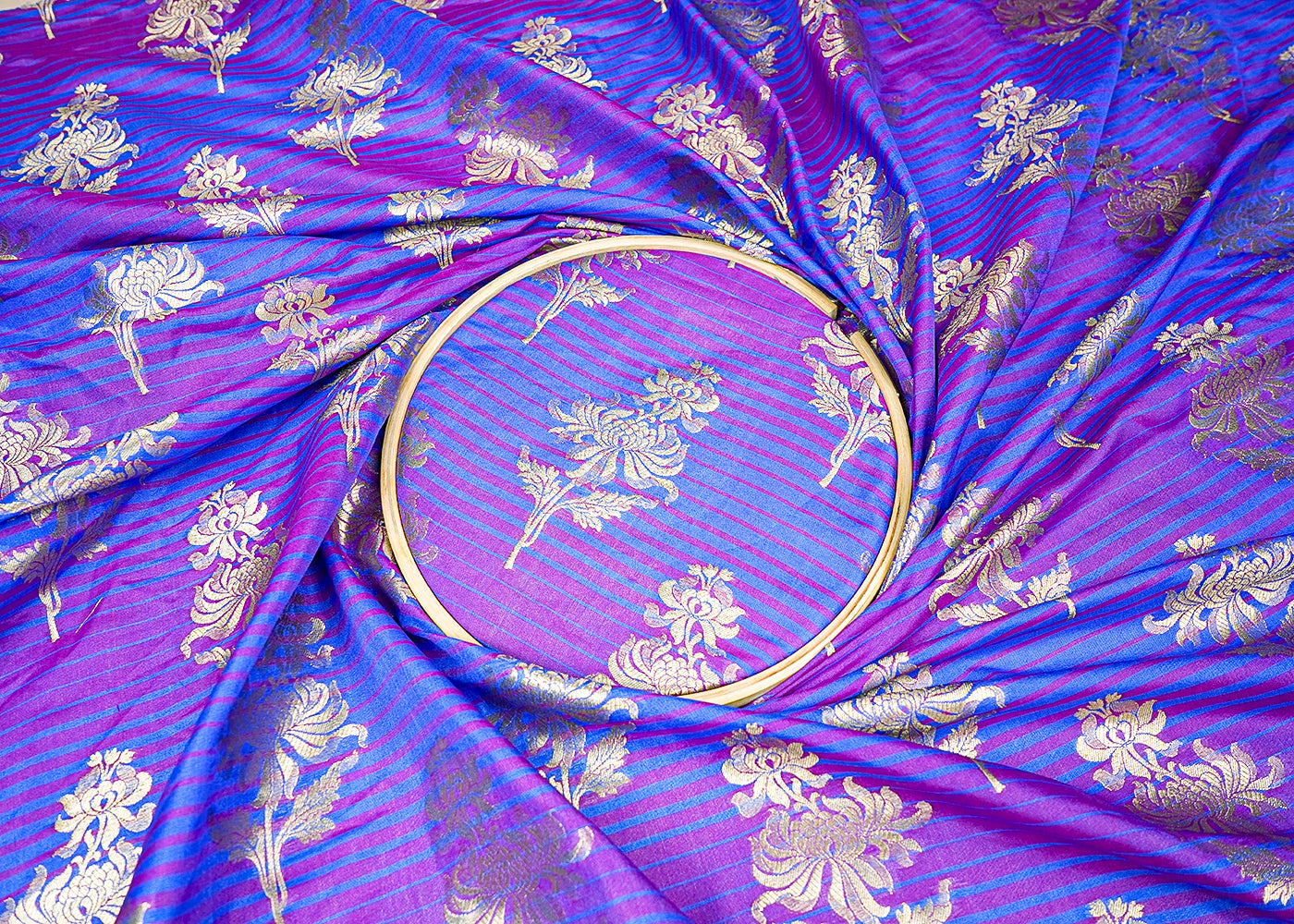 (Pre-Cut 0.9 MTR) Royal Blue Banarasi Brocade Fabric With All Over Golden Zari Handloom 18304