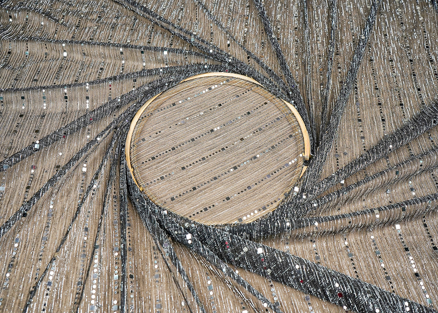 (Pre-Cut 4 MTR) Black Moon Light Fabric With All Over Shimmer And Faux Mirror Work 18305