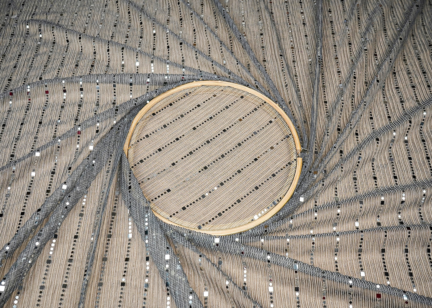 (Pre-Cut 4.8 MTR) Black Moon Light Fabric With All Over Shimmer And Faux Mirror Work 18306
