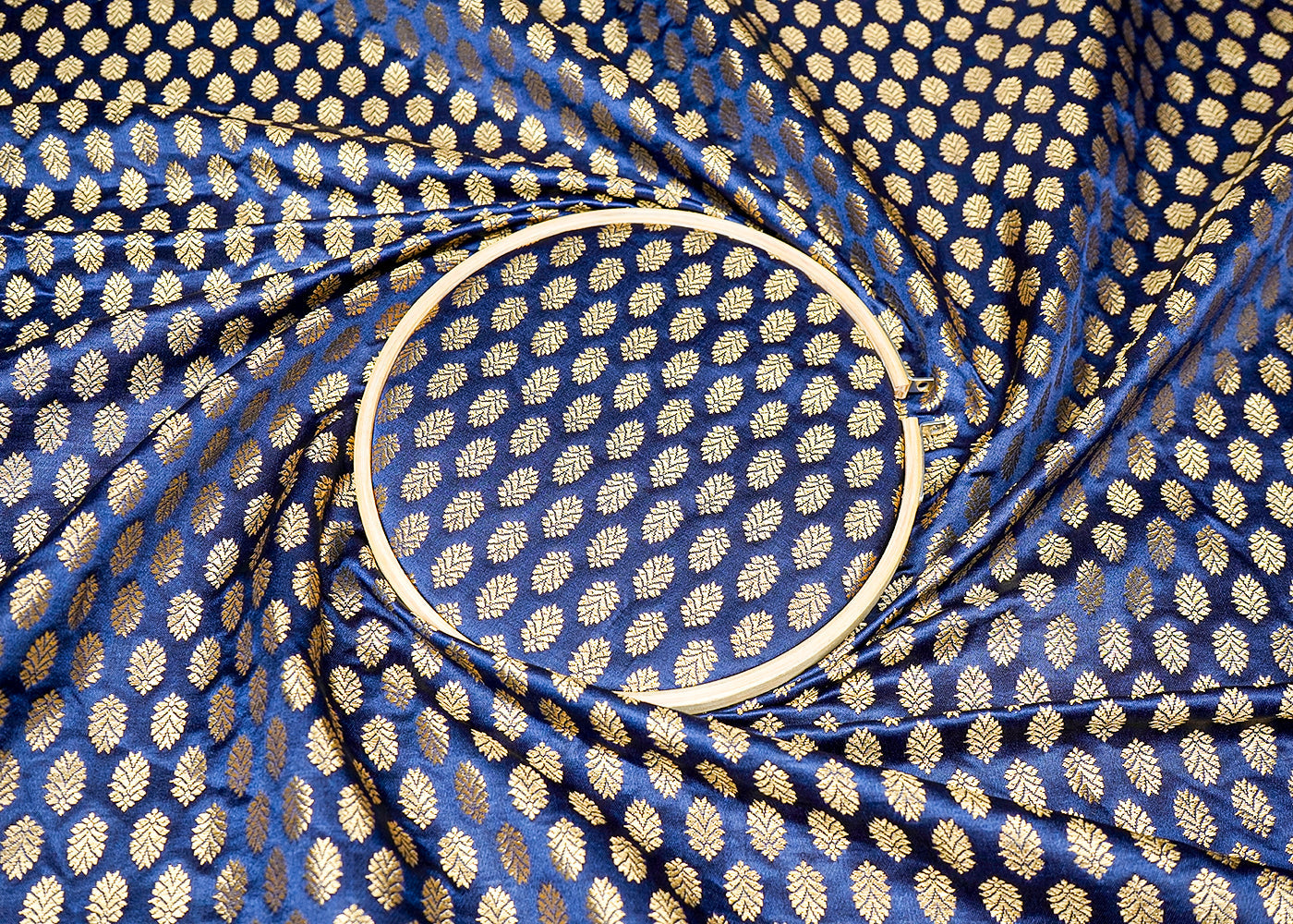 (Pre-Cut 1.65 MTR) Navy Blue Banarasi Brocade Fabric With All Over Golden Zari Handloom 18307