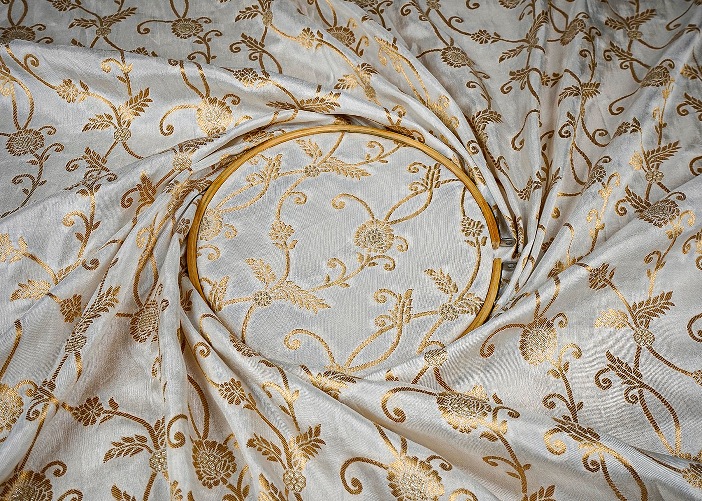 (Pre-Cut 1.35 MTR) White Upara Silk Fabric With All Over Golden Zari Handloom 18308