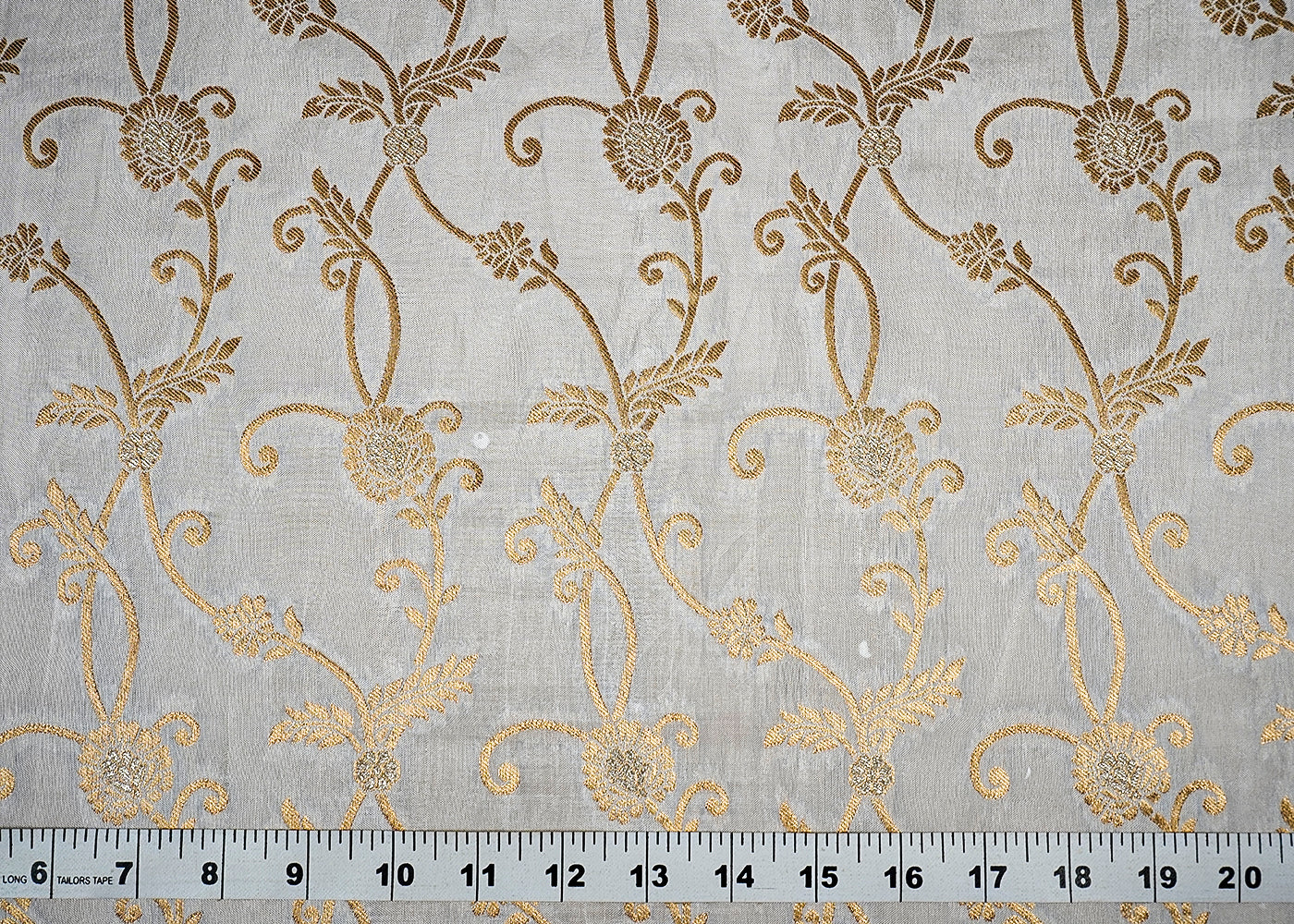 (Pre-Cut 1.35 MTR) White Upara Silk Fabric With All Over Golden Zari Handloom 18308